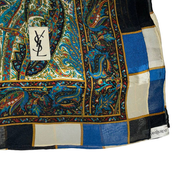 Yves Saint Laurent YSL Large 100% Silk Paisley Print Scarf Shawl Babushka - Picture 8 of 15